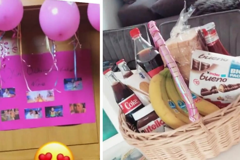 Mit Luftballons, Luftschlangen, einem Plakat und einem Korb voller Süßigkeiten wurde Janine Pink (32) überrascht.