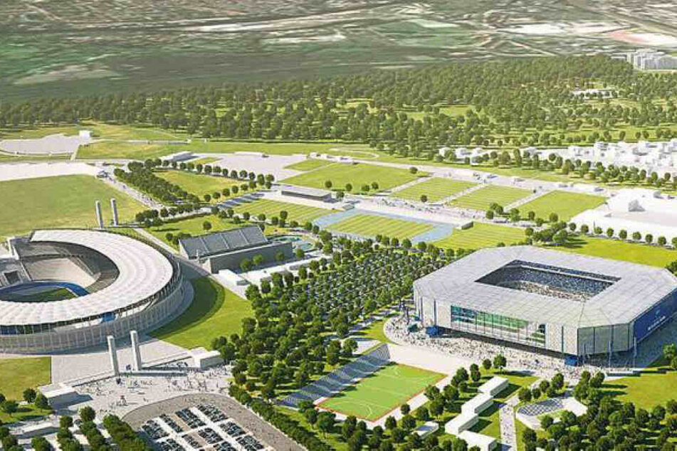 So könnte das neue Stadion (re.) im Olympiapark aussehen.