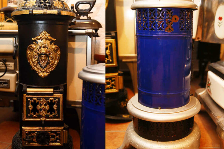 Links: Ein schmucker Regulierofen nebst einem blauen Petroleumofen aus den Jahren rund um 1920.