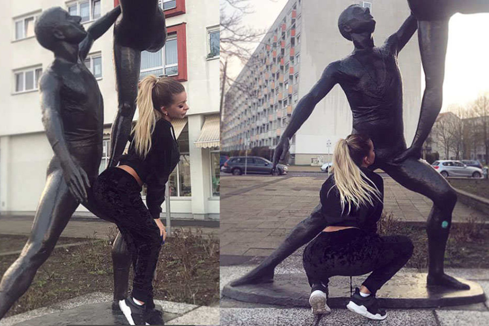 Mit einem Blowjob und ihrem heißen Hinterteil "beglückt" die Youtuberin eine Statue am Bayerischen Bahnhof.