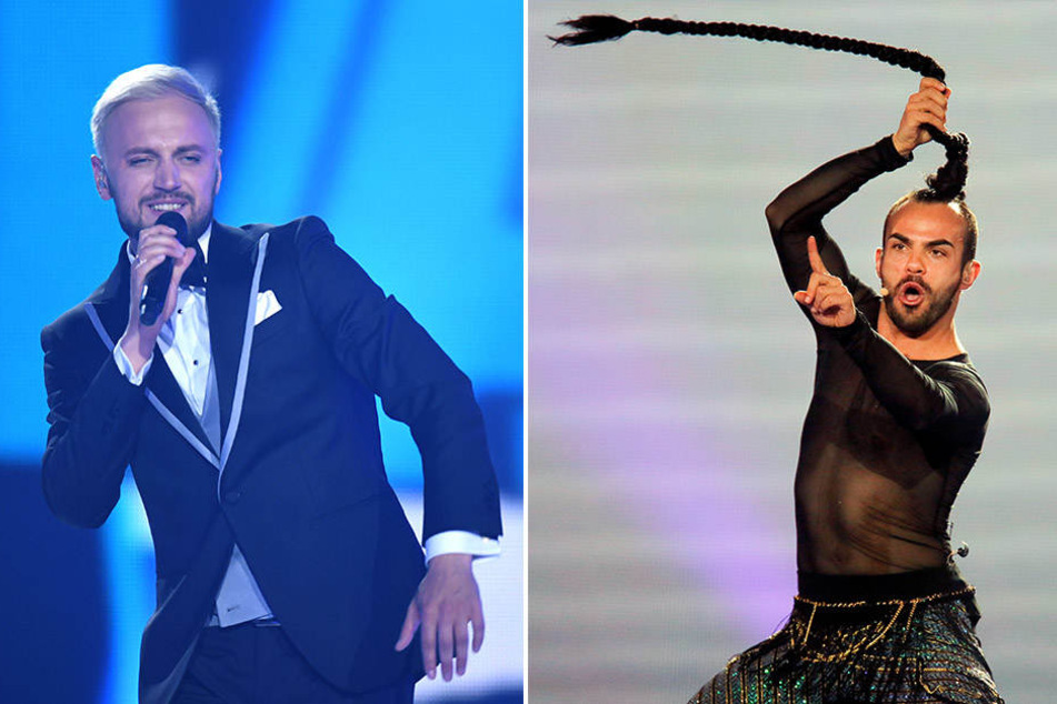 Serghei Ialovitski (l.) von der Band Sunstroke Project aus Moldau und Slavko Kalezic (Montenegro) setzten im ersten Halbfinale auf viel Performance. Serghei kam weiter, Slavko ist leider rausgeflogen.