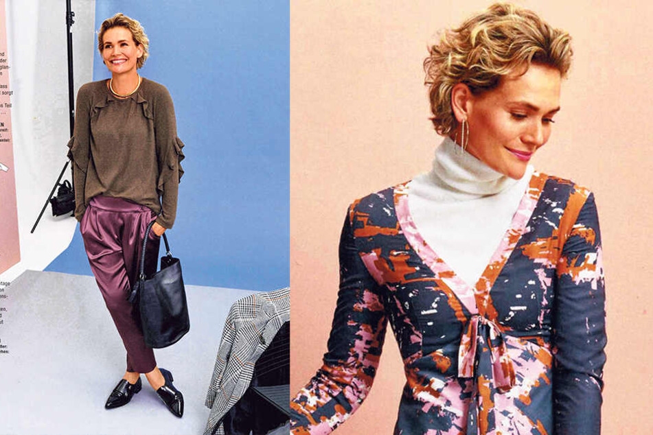 Satinhose und Rüschen-Shirt - Christine Beutmann (38) posiert in der Zeitschrift
„Burda“ für Hobbyschneiderinnen.