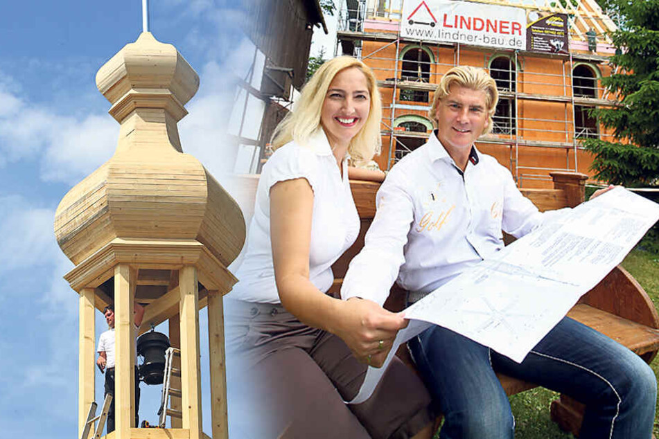 Vivienne Leis (39) und Tino
Taubert (53) freuen sich über
den Baufortschritt ihrer Kapelle.
Nächste Woche ist Richtfest.