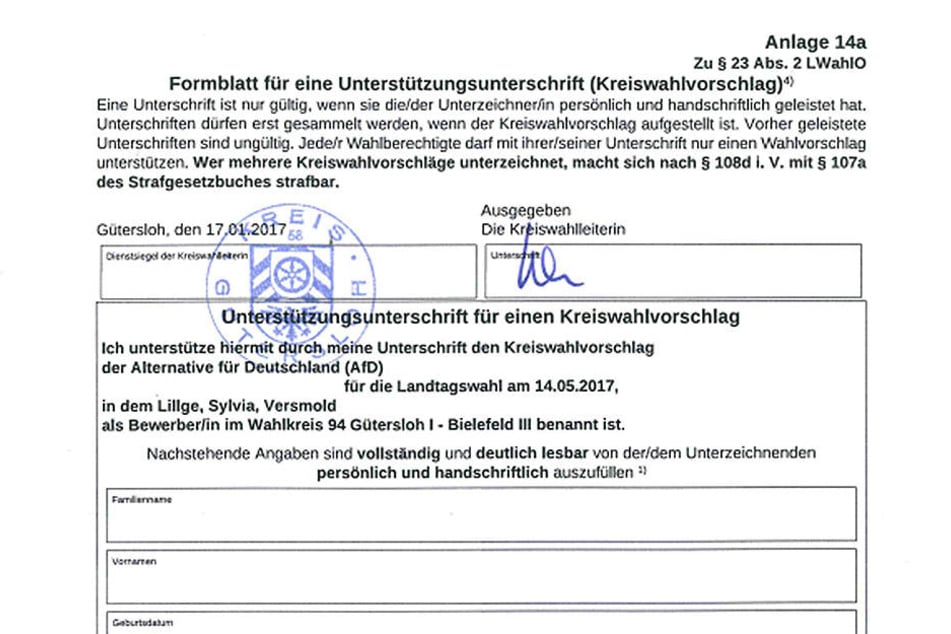 Mit dieser Unterschriftenliste zog Sylvia Lillge durch den Kreis Gütersloh, um Unterstützer für ihre Kandidatur für den Landtag zu finden.