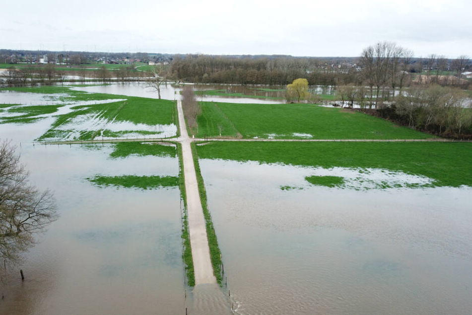 Feldwege zwischen den Ortschaften Wassenberg und Heinsberg in Nordrhein-Westfalen enden wegen Dauerregens im Wasser - die Überschwemmung kommt aus der nahen Rur.