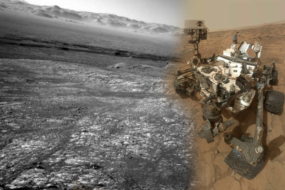 Der Rover "Curiosity" mit einem aktuellen Foto vom Mars.