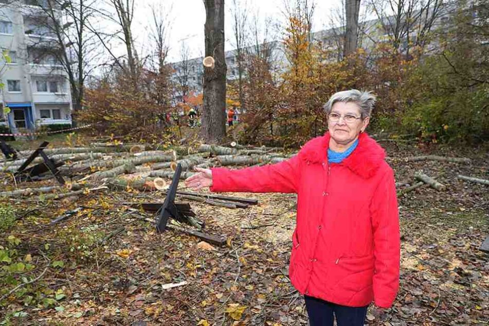 Endlich: Margitta Kramer (69) ist froh, dass die Bäume auf dem Spielplatz gefällt worden sind.