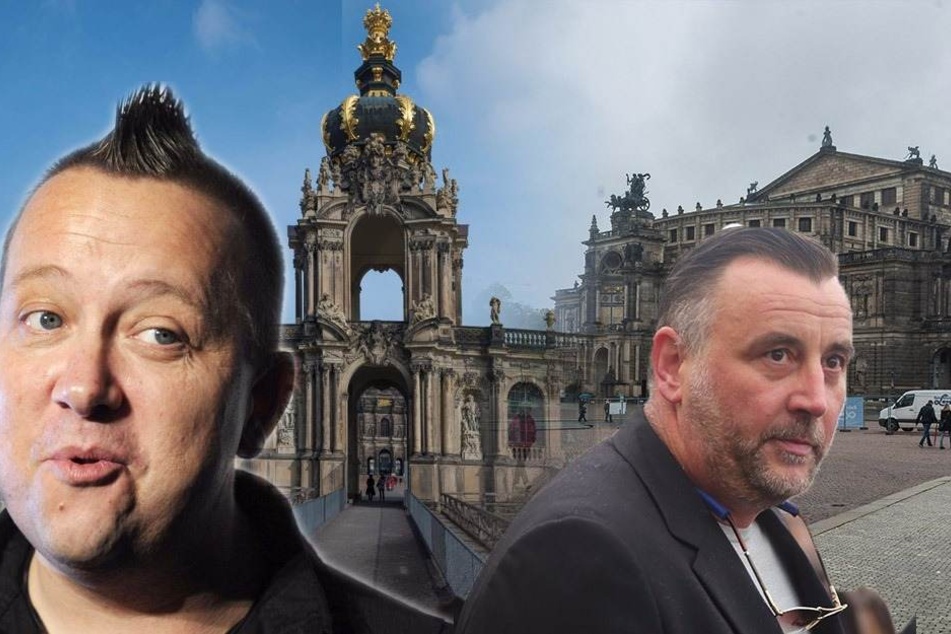 Im Zwinger singt Sebastian Krumbiegel (li.) mit "Dresden.Respekt" und auf dem Theaterplatz Lutz Bachmann mit PEGIDA.