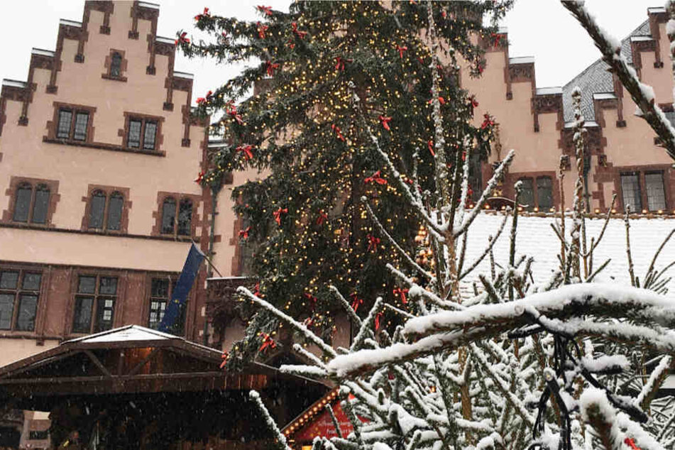 Ein seltener Anblick in der Mainmetropole: Der Frankfurter Römer mit Weihnachtsbaum und Schnee!