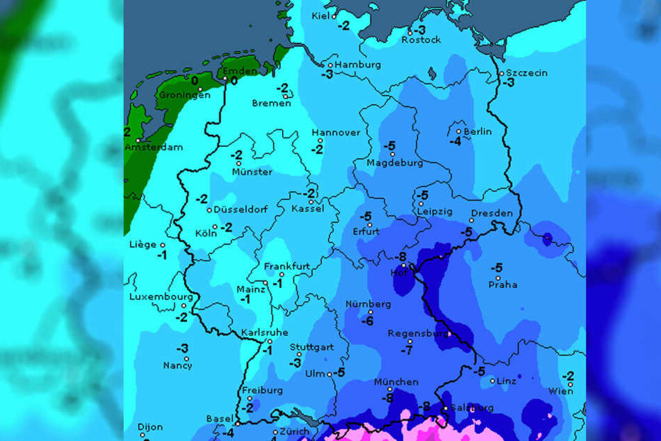Wie die Karte von Wetteronline zeigt, wird es am Donnerstag mancherorts bitterkalt.
