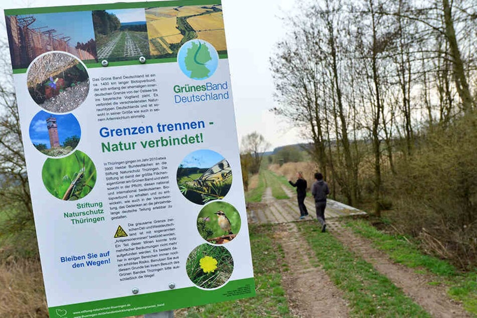 Eine Informationstafel weist bei Milz (Thüringen) auf den früheren Todesstreifen, der Grenze zwischen Thüringen und Bayern und heutigen "Grünen Band" hin.