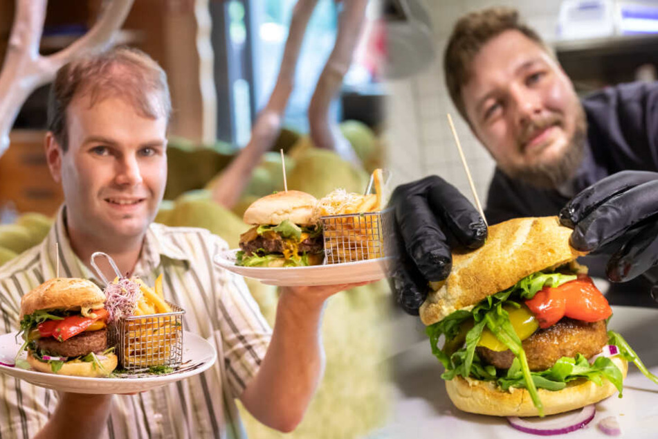 Links: Reporter Martin Gottschling beim Geschmackstest von Beyond Meat. Rechts: Thomas Brandt, stellvertretender Küchenchef im Restaurant Pelzmühle.
