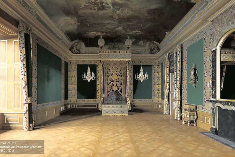 So prächtig wird das Paradeschlafzimmer mit dem riesigen Goldbett am hinteren Ende nach der Fertigstellung aussehen.