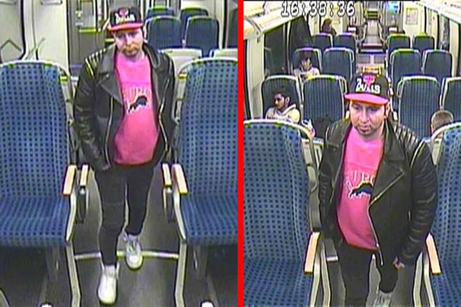 Mit Basecap, Pullover, schwarzer Lederjacke, sowie hellen Turnschuhen war der Entblößer in dem Zug unterwegs.