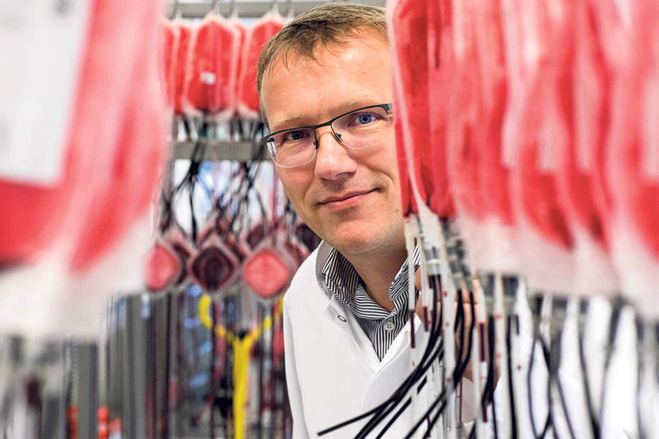 Vermisst derzeit viele
Stammspender: Blutbank-Chef
Dr. Matthias
Johnson (47) stellt mit seinen
Kollegen im Labor aus
einer Vollblutspende drei
Blutkonserven her.