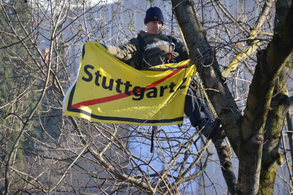 Ein Demonstrant am Dienstag in einer Baumkrone im Rosensteinpark, wo Dutzende Bäume gefällt wurden.