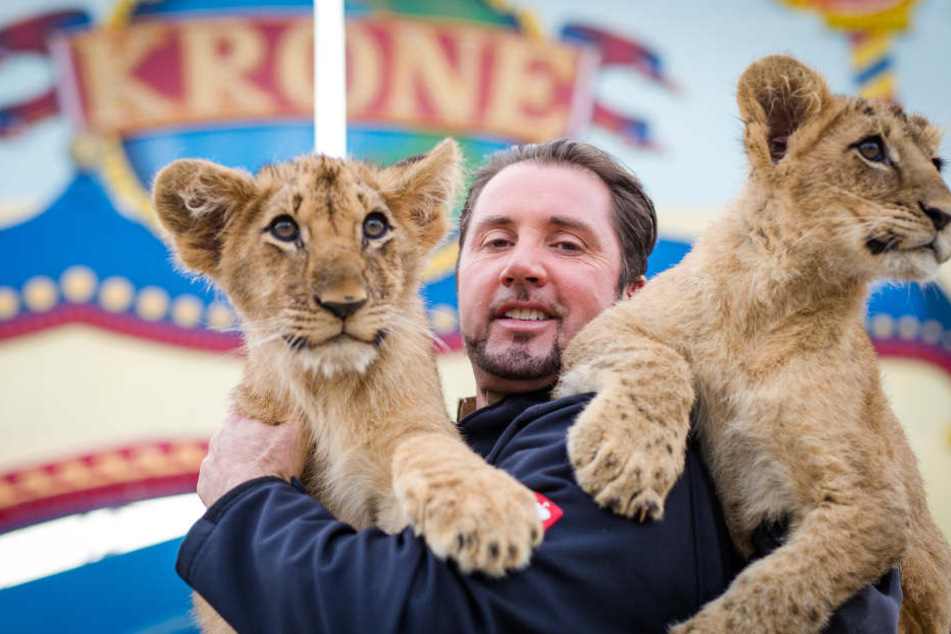 Dompteur Martin Lacey mit zwei Löwenbabys vor dem Circus Krone in Stuttgart. Die Jungtiere mit Namen Sarah und Benjamin sind am 18.06.2017 im Circus Krone auf die Welt gekommen.