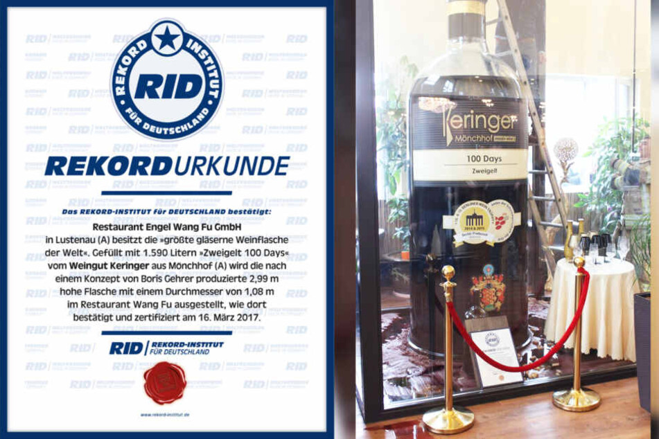 Die fast drei Meter hohe Glasflasche ist ein offizieller Weltrekord.