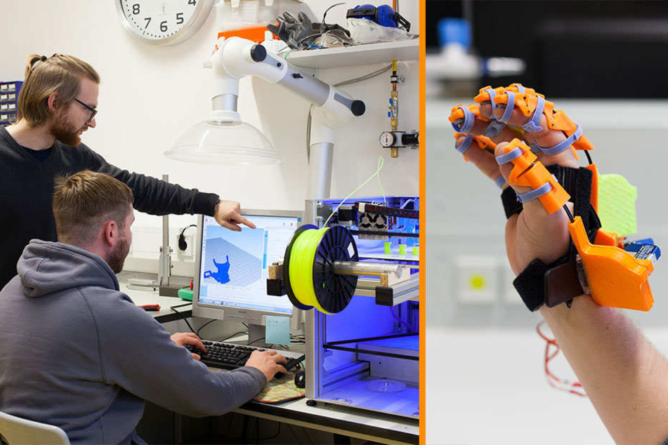 li: Hier werden die 3D-Teile erstellt. re: Fast wie ein Spielzeug- So sieht die "Exohand" aus.