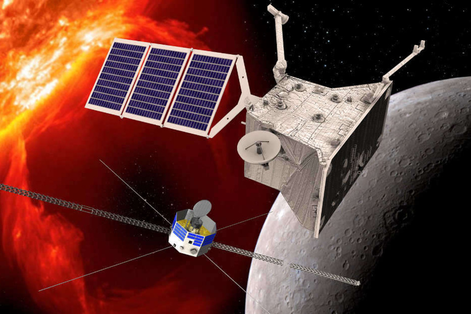 Eine grafische Darstellung der beiden Orbiter von BepiColombo am Planeten Merkur.