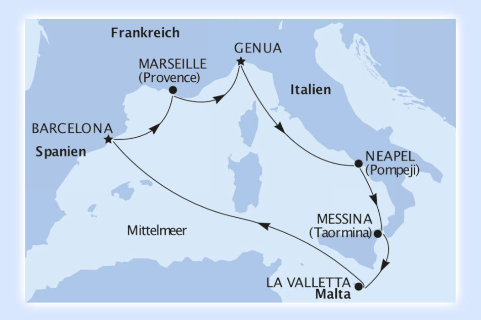 Start und Ankunft ist in der italienischen Küstenstadt Genua.