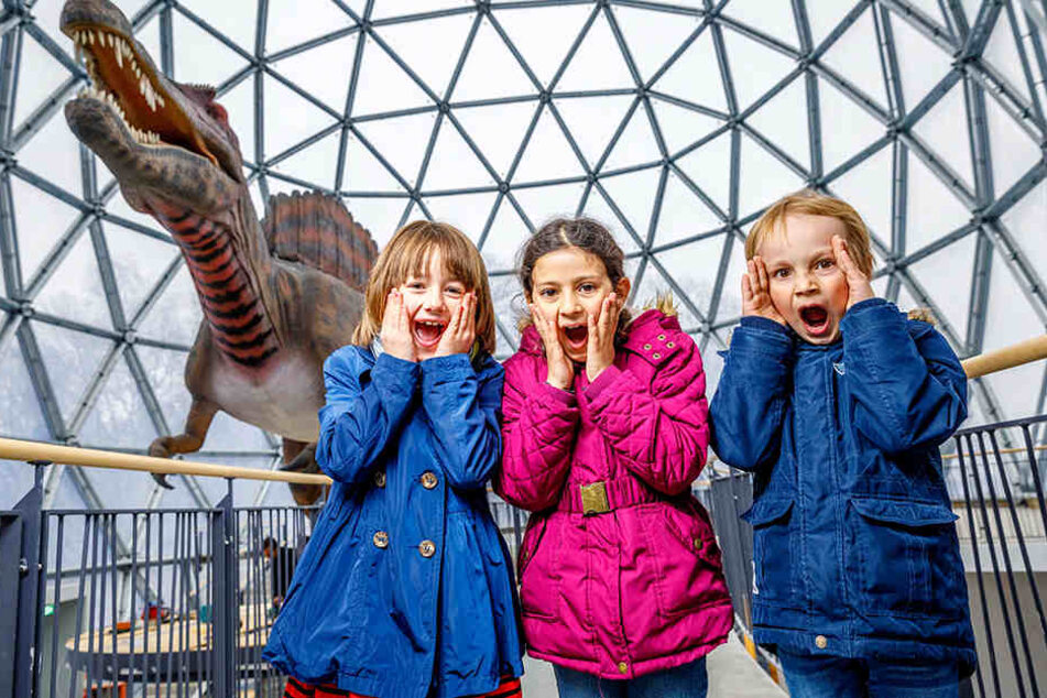 „Ahhhhhhh“: Cally (8, v.l.), Julia (7) und Florian (8) haben gerade mit dem
Spinosaurus im Inneren des Eingangsportals Bekanntschaft gemacht.