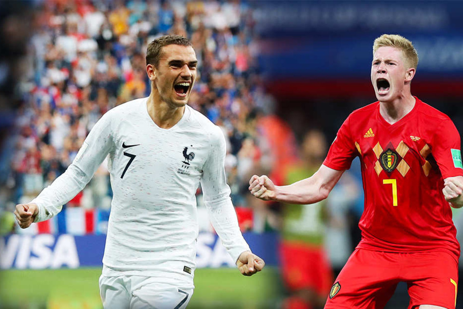 Frankreichs Antoine Griezmann (l.) konnte auch noch nach dem Spiel jubeln. Belgiens Kevin De Bruyne (r.) guckt in die Röhre.