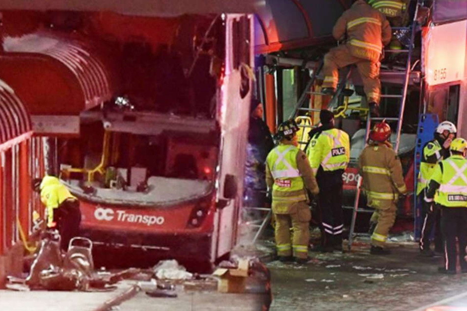 Der Doppelstockbus rammte das Wartehaus in Ottawa. Helfer versuchen dann, die Opfer und Verletzten zu bergen.