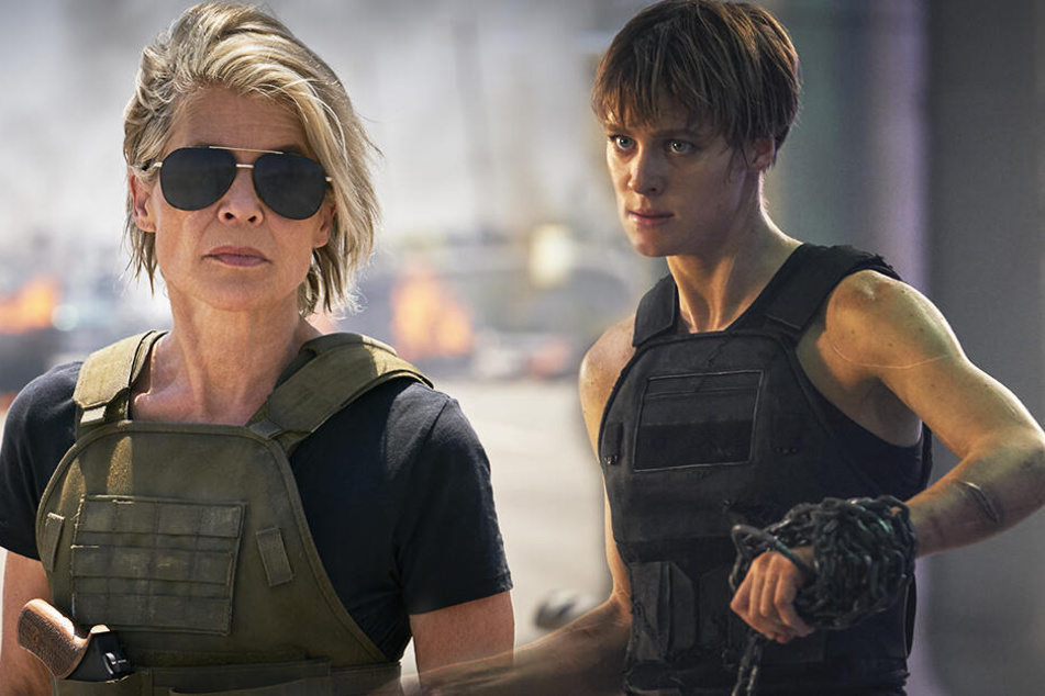 Sarah Connor (Linda Hamilton) rettet ihr jüngeres Ebenbild Grace (Mackenzie Davis) vor den neuen Terminatoren. (Bildmontage)