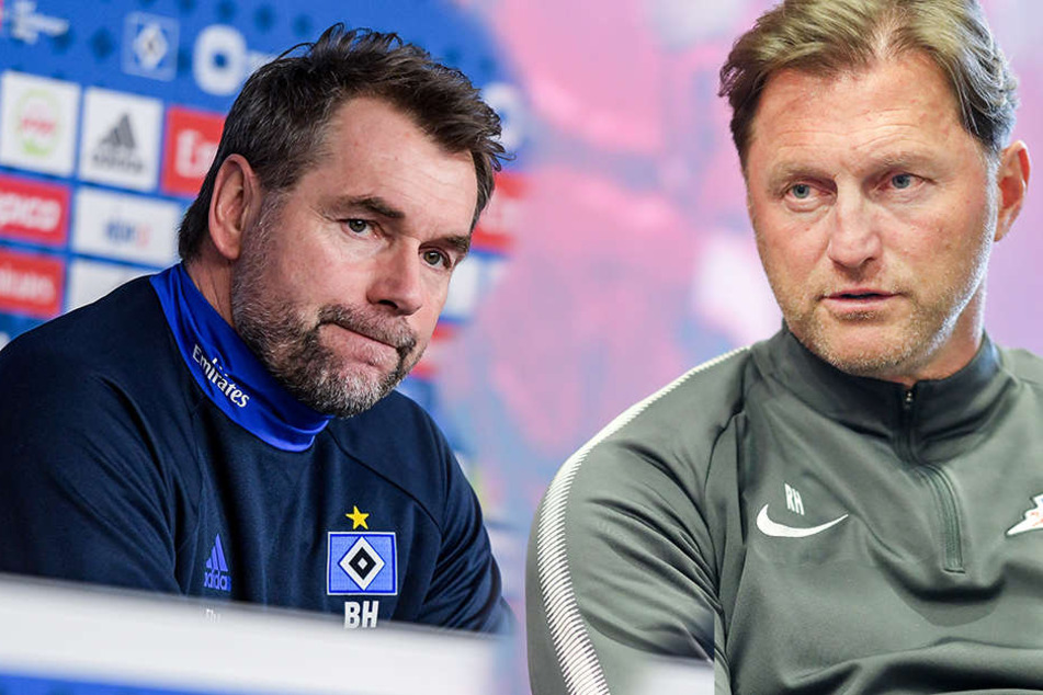 Bernd Hollerbach (l., Hamburger SV) und RB Leipzig-Trainer Ralph Hasenhüttl (r.).