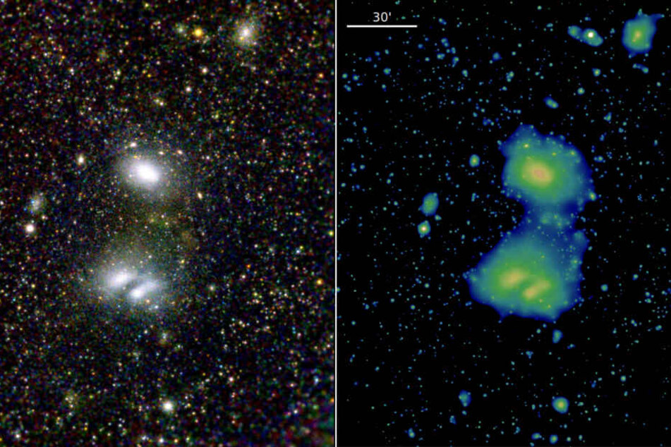 Diese beiden eROSITA-Bilder zeigen die beiden interagierenden Galaxienhaufen A3391, oben im Bild, und A3395, unten mit zwei Komponenten, die eROSITAs hervorragende Sicht auf das ferne Universum demonstrieren.