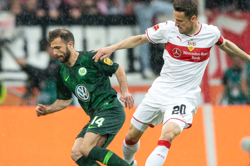 Im strömenden Stuttgarter Regen: Wolfsburger Admir Mehmedi und VfB-Kapitän Christian Gentner unter sich.