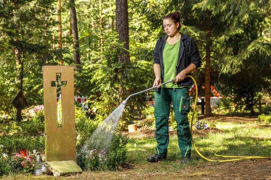 Linda Grafe (18), Auszubildende im Garten- und Landschaftsbau, gießt Anpflanzungen auf Gemeinschaftsgräbern.