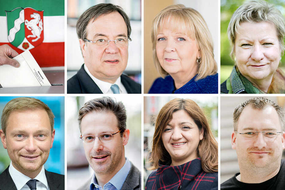 Armin Laschet (CDU), Hannelore Kraft (SPD), Sylvia Löhrmann (Grüne), Christian Lindner (FDP, unten, l-r), Marcus Pretzell (AfD) Özlem Alev Demirel (Linke) und Michele Marsching (Piraten)