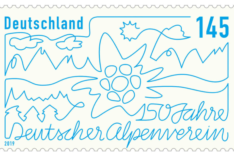 Die Sonderbriefmarke hat eine Auflage von etwa 3,3 Millionen Stück und zeigt die Silhouette einer Bergkette mit Sonne, Wolken und einem Edelweiß als Vereinslogo in der Mitte.