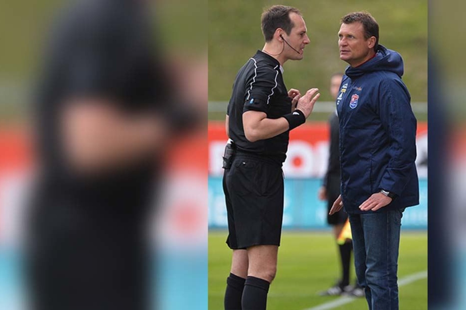 Auch Gästetrainer Claus Schromm (r.) hatte mit Schiri Marcel Schütz einiges zu bereden.