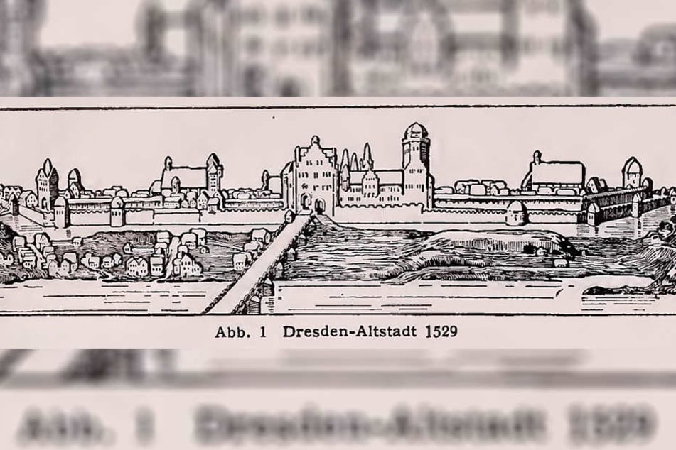 Dresdens Elbbrücke im Jahr 1529 mit Blick von der Neustädter Seite auf die Altstadt.