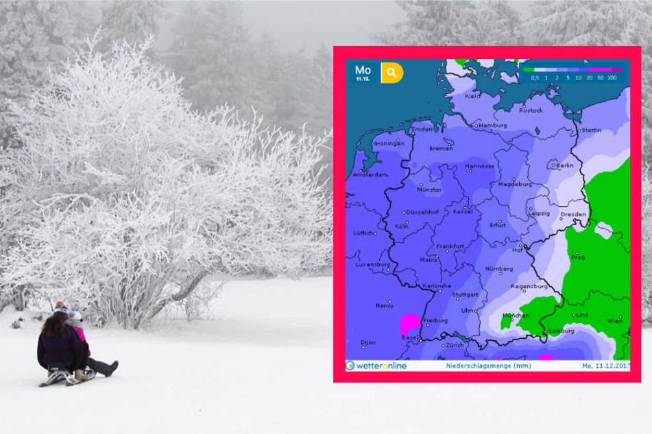 Am Sonntag konnte im Taunus ausgiebig gerodelt werden. Für den Montag jedoch kündigt wetteronline.de (Grafik) Regen an.