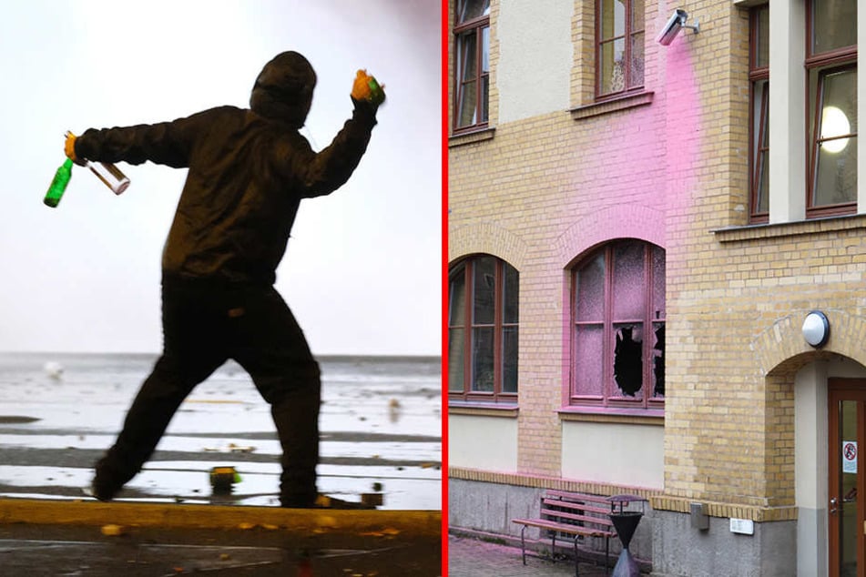 Während Chaoten in Connewitz die Polizei mit Flaschen und Böllern bewarfen (l.), brandschatzten Linksautonome das Haus des Jugendrechts (r.).