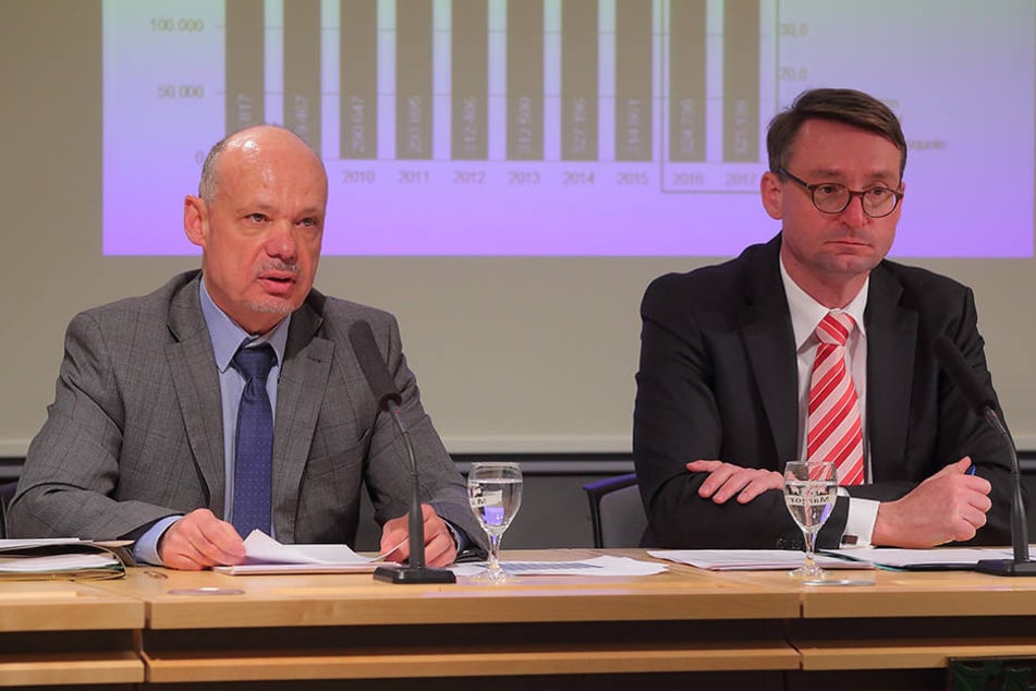 Innenminister Roland Wöller (47, CDU, r.) und LKA-Chef Petric Kleine (55) präsentierten die neuesten Zahlen.