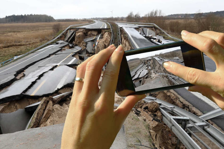 Der Grund für das Desaster ist ersten Untersuchungen zufolge eine große Torflinse unter der Autobahn. (Bildmontage)