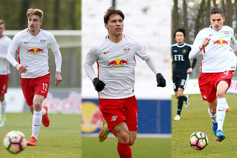 Sowohl Fridolin Wagner, Anthony Barylla (beide FSV Zwickau) als auch Alexander Siebeck (Karlsruher SC, v.l.n.r.) verlassen die U23 von RB Leipzig am Saisonende.