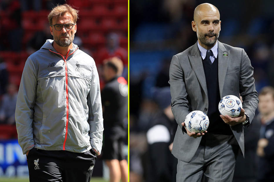 Jürgen Klopp (l.) soll mit seinem Mega-Angebot bei RB Leipzig abgeblitzt sein, Pep Guardiola (r.) will es angeblich ebenfalls versuchen.