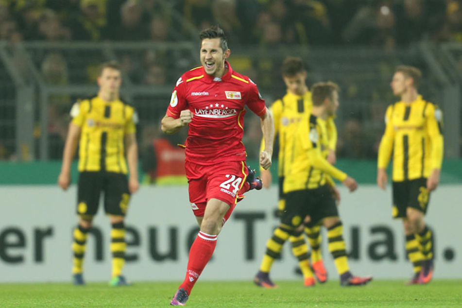 Steven Skrzybski von Union Berlin bejubelt seinen 1:1-Ausgleichstreffer gegen Dortmund