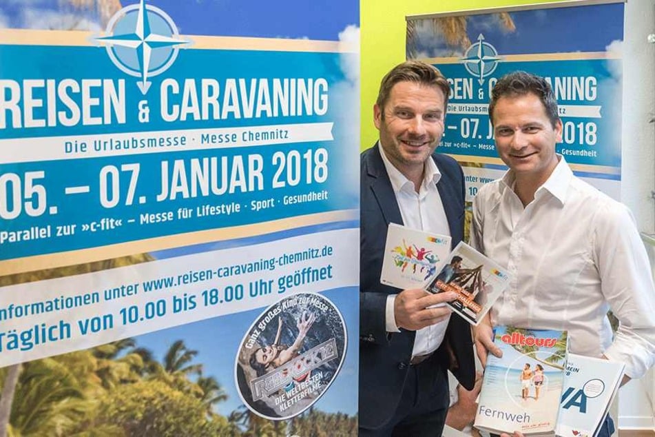 Messe-Chef Ralf Schulze (50, l.) und Reise-Experte Sven Hertwig (46) stellten gestern die Highlights der beiden Veranstaltungen vor.