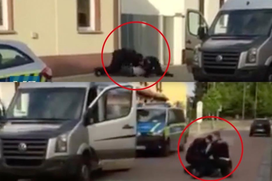 Polizeibeamte halten die zwei Transporter-Insassen am Boden fest. Wurde dabei einer der Männer mit dem Kopf in Glasscherben gedrückt?