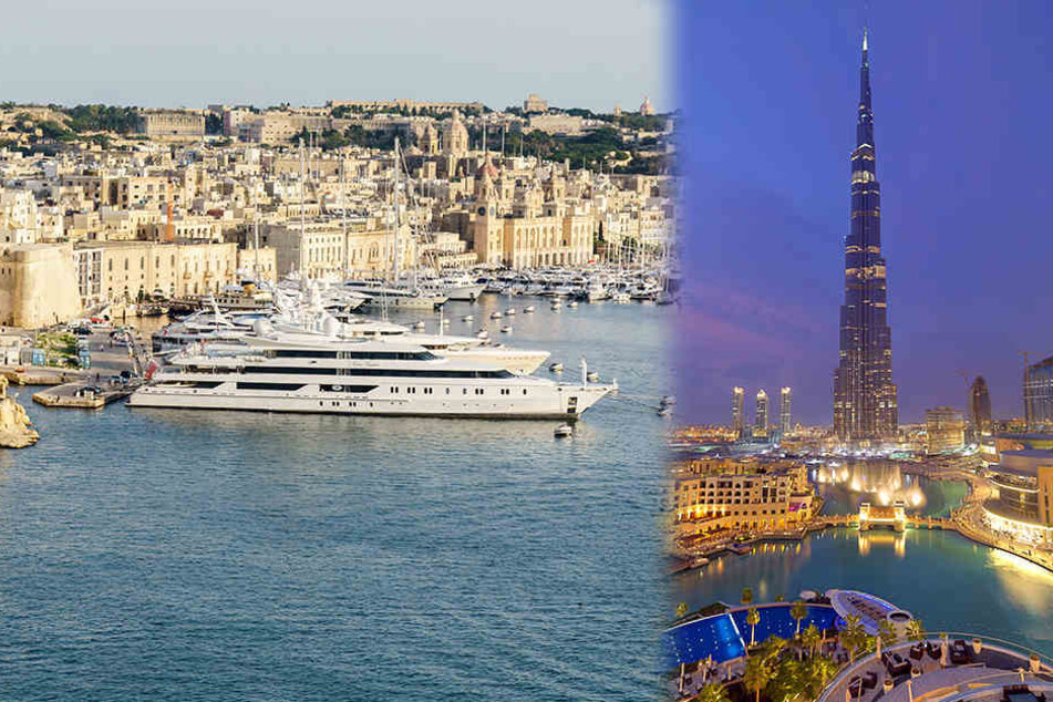 Die Mittelmeerinsel Malta (l.) wird demnächst ab Dresden, Dubai (r.) ab Leipzig/Halle angeflogen.