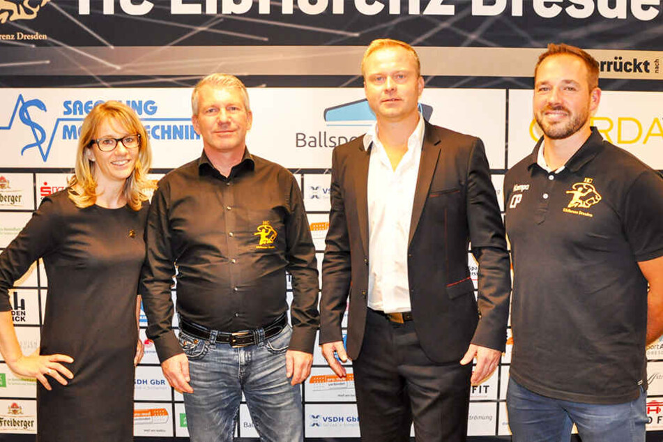 Das Chef-Quartett des HCE (v.l.): Geschäftsführerin Cathleen Rupprecht, Präsident Uwe Saegeling, der künftige Manager Karsten Wöhler und Chefcoach Christian Pöhler.