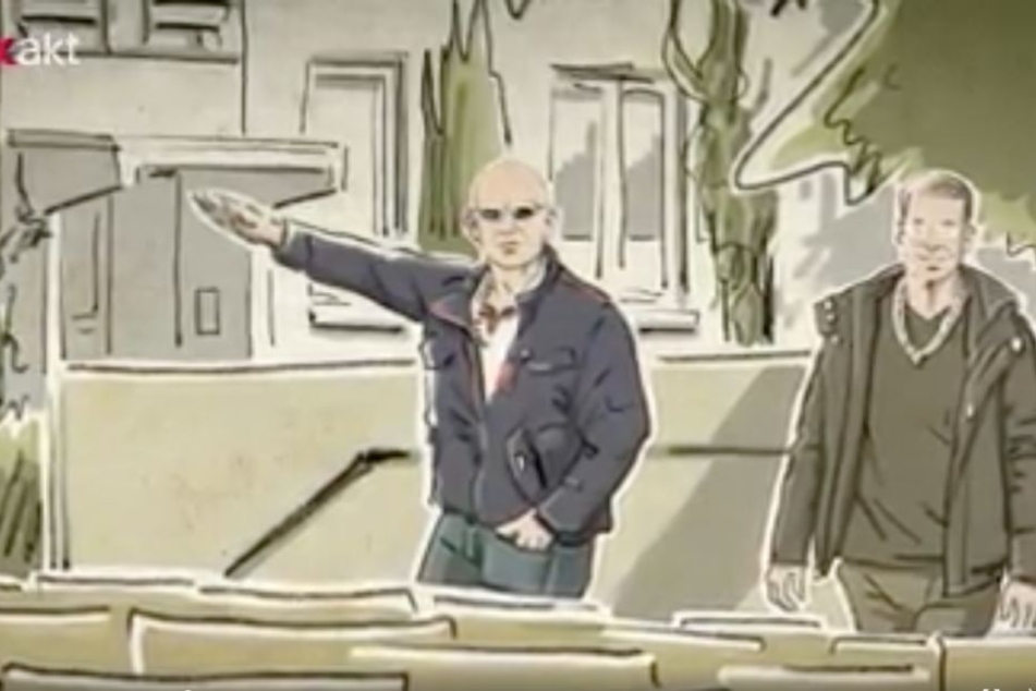 Einer der offensichtlich rechtsradikalen Männer zeigte den Hitlergruß in Richtung Isaacsohn und Kamerateam. Die Geste wurde nicht aufgenommen.