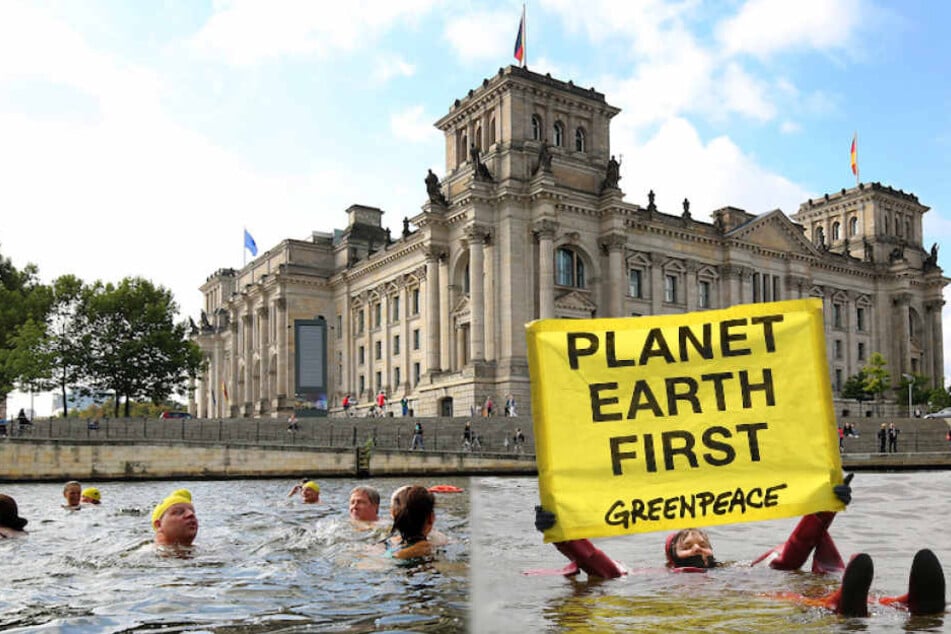 100 Greenpeace-Aktivisten wollen aus Protest in der Spree zum Bundestag schwimmen. (Bildmontage)